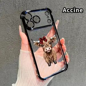 Four-corner Thickened Mobile Phone Case for iPhone 17 Pro Max 16 15 Plus Air 14 13 12 11 E Fluffy Highland Cutie border Electroplating with counter-fall Safety Cushion