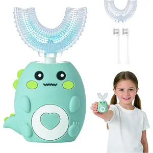 Kids Electric U Shaped Toothbrush, Sonic Automatic Toothbrush Kids with 4 Brush Heads, 3 Cleaning Modes, Cartoon Dinosaur IPX7 Waterproof 360º Round Toddler Electric Toothbrush(Green, Ages 2-12)