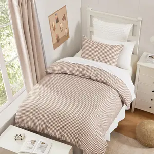 Andency Gingham Duvet Cover Twin Size, Tan Brown Checkered Plaid Bedding Set with Zipper Closure & Corner Ties, 2 Pieces Soft Prewashed Polyester Comforter Cover for Dorm Kids