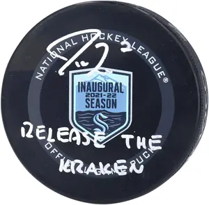 Jordan Eberle Seattle Kraken Autographed 2021-22 Inaugural Season Official Game Puck with "Release The Kraken" Inscription - Fanatics Authentic Certified