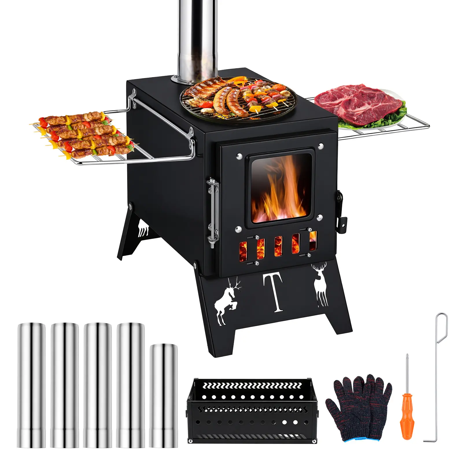 Explorinox Portable Wood Burning Stove - 5-Pipe System, Sauna Stone Basket, 2-in-1 Foldable Frame, Adjustable Ventilation, Visual Window for Outdoor Camping, Tent Heating, Sauna-Style Relaxation (Carbon Steel, Stainless Steel), Cooking