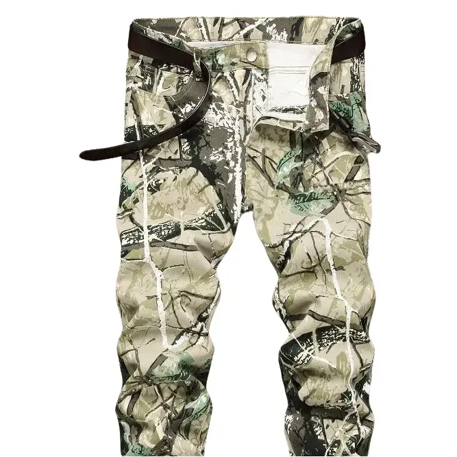Forest Hunting Camouflage Denim Men's Trousers Khaki Cotton Mid Waist Straight Fit Zip Placket Four Seasons Adult Jeans