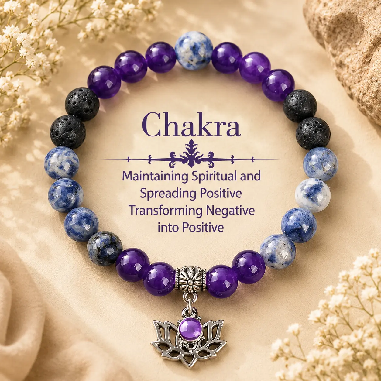 ARPURRAINA Beaded Bangle with Yoga Lotus Charm - Natural Stone Crystal Blue Elastic Energy Healing Bracelet, Chakra Protection, Spiritual Gift for Style Elevation, Spirituality, Elastic Bands, Crystal Stones, Encouragement, 15-20Cm, Daily Wear, Adjustable