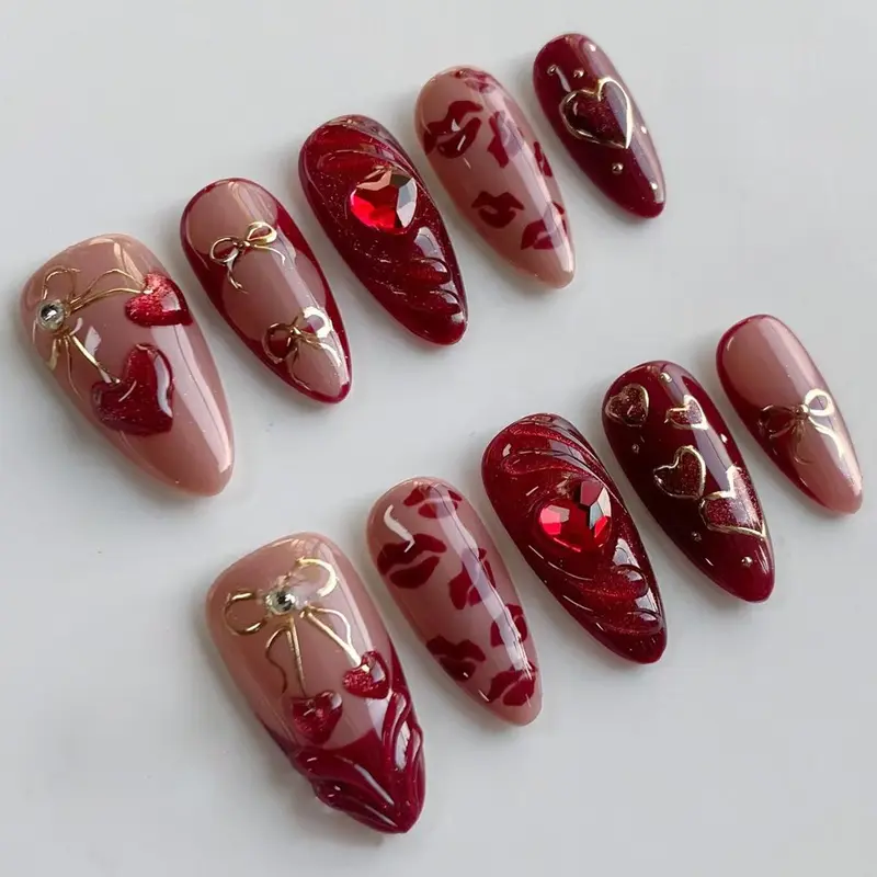 Heart, Bow and Cherry Pattern Fake Nails, Glitter Decorative Nails, 30 Pcs Glossy Finish Press-On Nails for Women and Girls, Elegant Heart Design Rhinestone Decorated Sparkly Rhinestones Stick-On DIY Nail Art Kit, Glittering Fake Nails