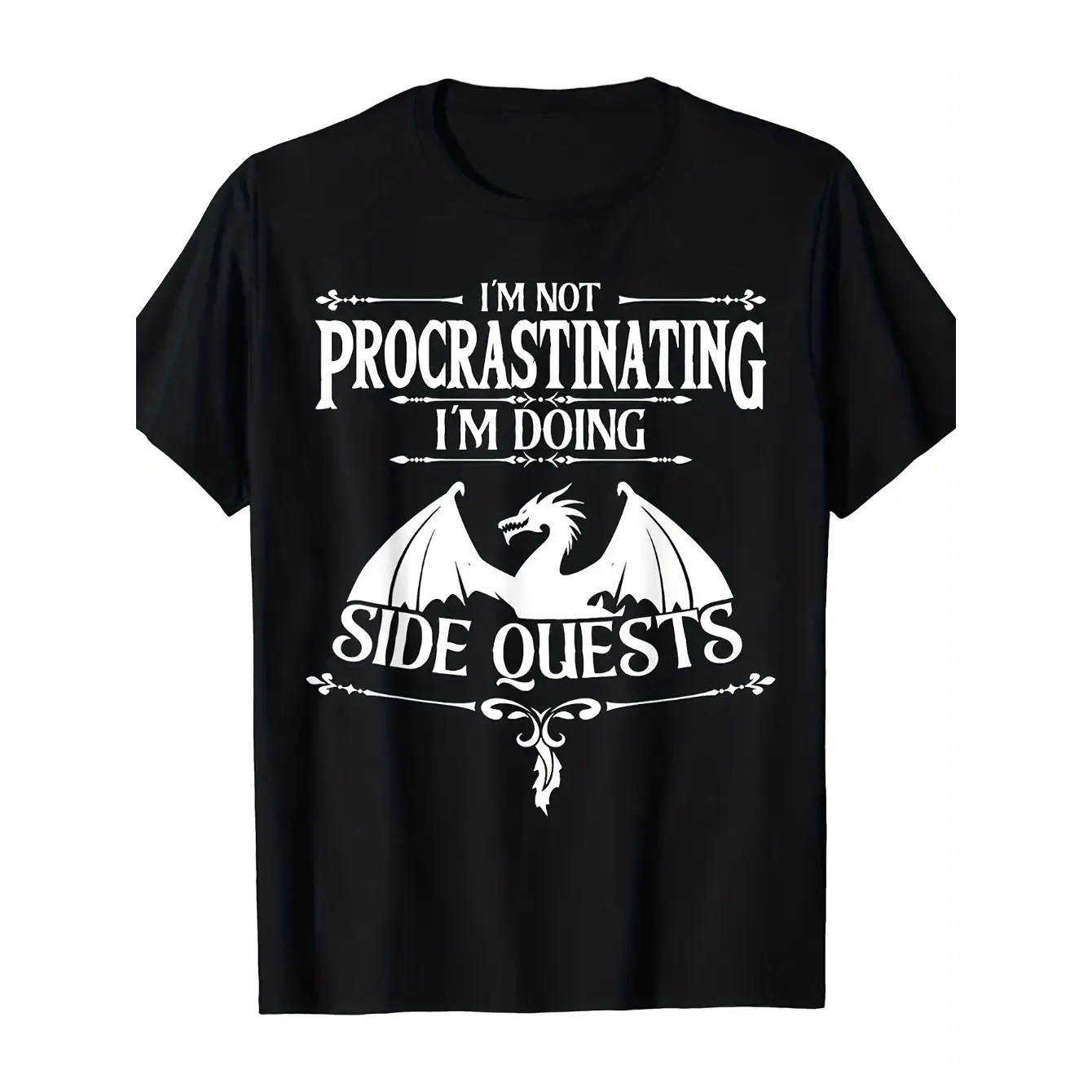 Crew Neck T-Shirt with Dragon Graphic and "Not Procrastinating, Doing Side Quests" Slogan - Casual Style, Short Sleeve, Regular Fit, Knit Fabric - Summer Collection.