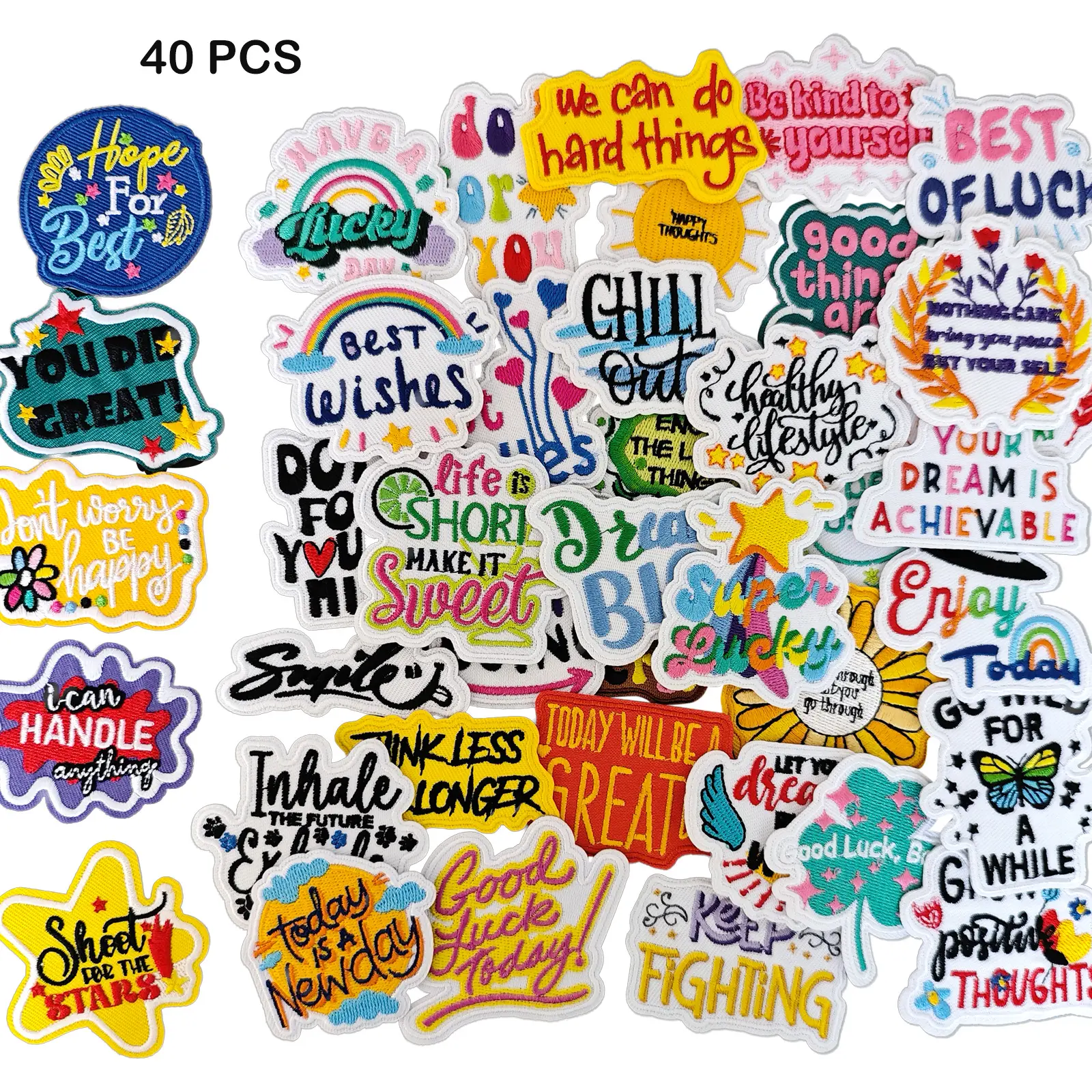 40 Pcs Random Positive Affirmations Iron on Patches,Hippie Iron on Embroidered Patches Girls Women Iron on Patches for Hats, Clothes, Jeans, Backpacks
