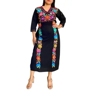 Andy Dress - Embroidered Long Dress Vneck Made in Mexico 3/4 Sleeve 100% Cotton Adjustable Waist Strings Casual Elegant Design