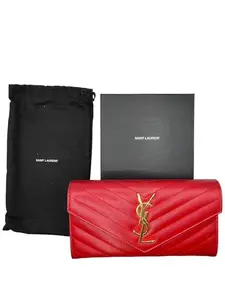 Pre-owned Yves Saint Laurent Leather Wallet YSL Red Cassandra Full Set Perfect For Daily Use