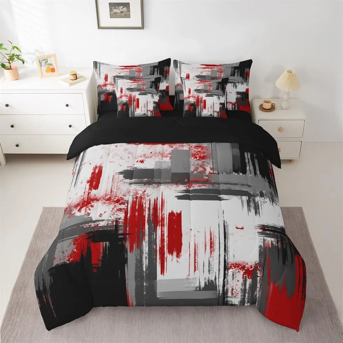 Feelyou Queen Size 7-Piece Breathable Abstract Print Bedding Set - Art-Inspired Red Grey Black Pattern, Includes Comforter, Sheets, Pillowcases, 18x18 in Cushion Covers, Machine Washable Unique Design (Bedding Sets Collections)