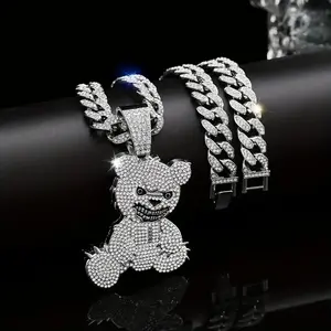 Men's Fashion Beast Bear Pendant Necklace with Water Diamond Inlaid Cuban Chain - Hip Hop Street Style Jewelry, Suitable for Parties, Festivals, and Unisex Gifts hip hop