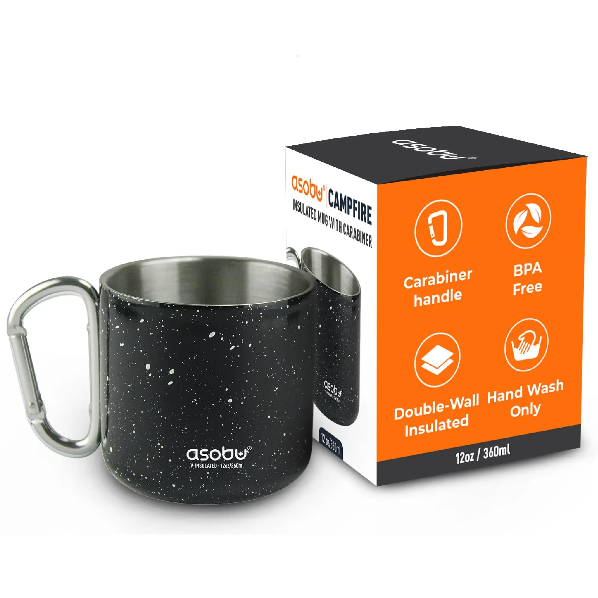 asobu Campfire Mug - 12oz Stainless Steel Double-Wall Enamel-Coated Cup with Carabiner Handle, Temperature Control, Reusable Drink Carrier for Campfire/BBQ Party, Off Grid Use, Outdoor Hiking Travel Gifts, Off Grid Cups & Mugs