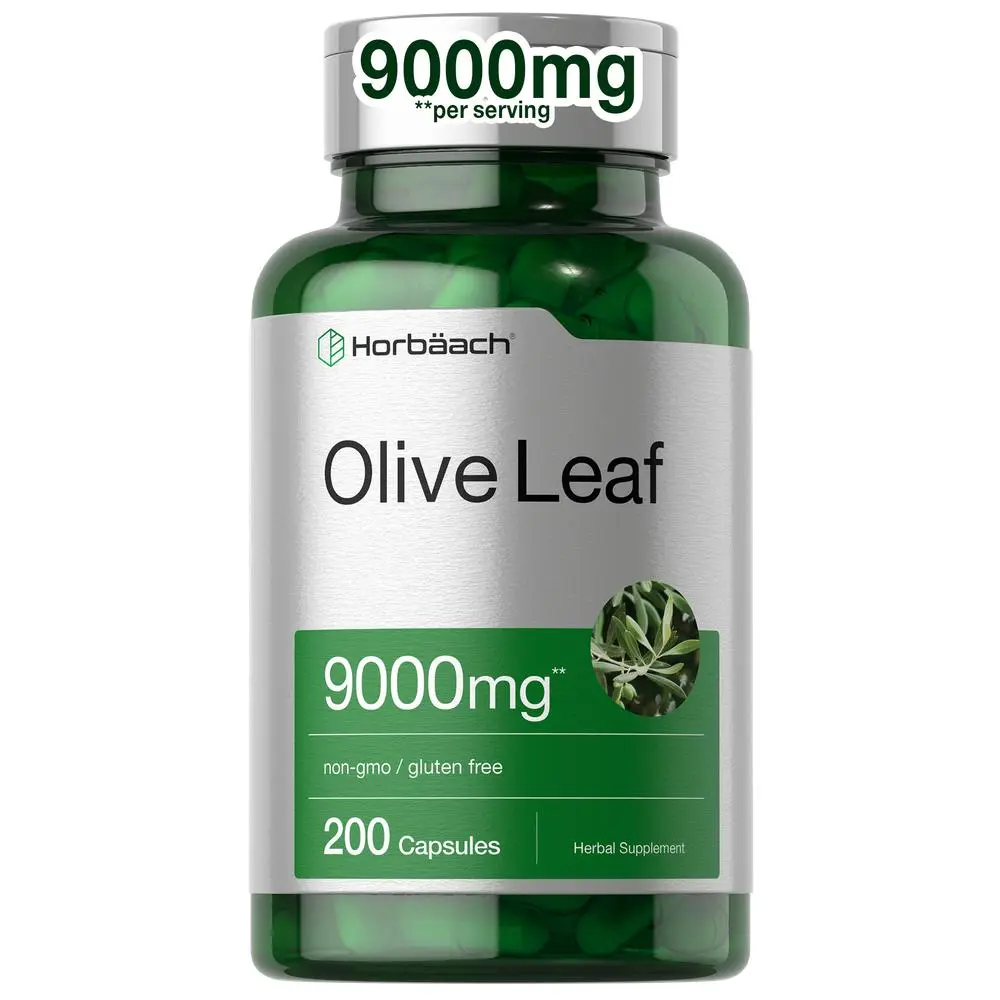 Horbäach Olive Leaf Extract Capsules 9000mg | 200 Count | Super Strength Supplement | Non-GMO, Gluten Free