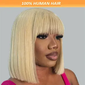 New 2025 Arrivals 150% Density 613 Blonde Bob Wig with Bangs - Glueless Lace Front, Straight Human Hair, Machine Made, Short Style for Women, Perfect for Everyday or Christmas Occasions, Christmas Hairstyle| Chic Appearance| Natural Human Hair, Hair Wig