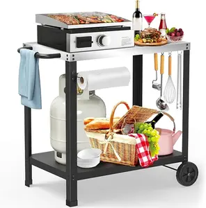 32x20IN Double-Shelves Grill Table, Outdoor Grill Cart for Blackstone Griddle, Movable Pizza Oven Table Cart for Outside Patio, Kitchen Cooking Food Prep Table for Party