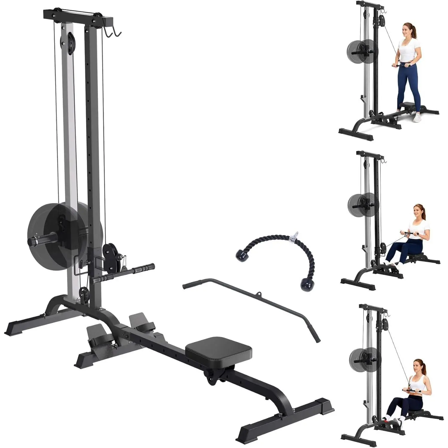 2-in-1 Rowing Machine and Lat Pulldown Machine for Home Gym, Foldable Cable Lat Pulldown Seated Row Combo Workout Equipment, Adjustable Height Pull Down Bicep Curls Strength Training Machine, Space Saving 265LBS
