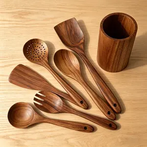 7 Piece Wooden Spoons for Cooking – Natural Teak Wooden Utensil Set, Easy to Clean, Durable, Smooth with Comfort Grip - Non Toxic Wooden Cooking Utensil Sets