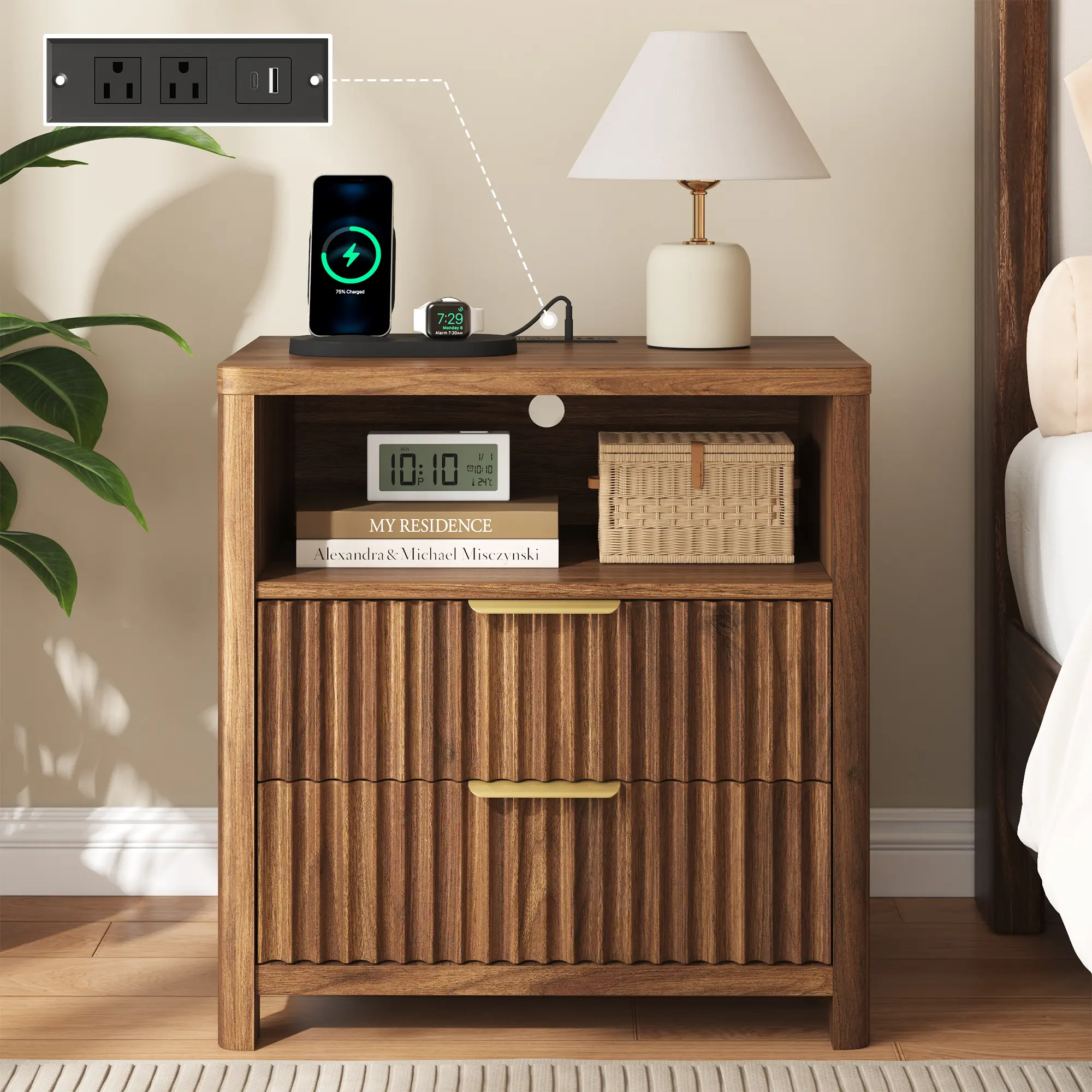 TryLazy Mid-Century Modern Nightstand with Charging Station, 2 Drawers and USB Ports & Outlets - Apartment Furniture