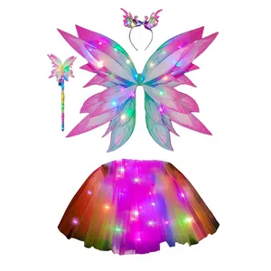 CPZVUCAK Kids Girls Light-up Tulle Skirt Halloween Cosplay Costume,Butterfly Wings Fairy Stick Headband Party Favor