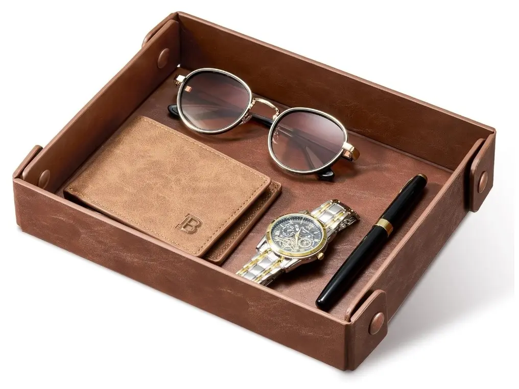 Organizer for Key, Wallet, Watch, Jewelry, Phone, coin change | Faux Leather Storage Tray for Dresser, Nightstand, Desk, Entryway, Travel Storage | Brown