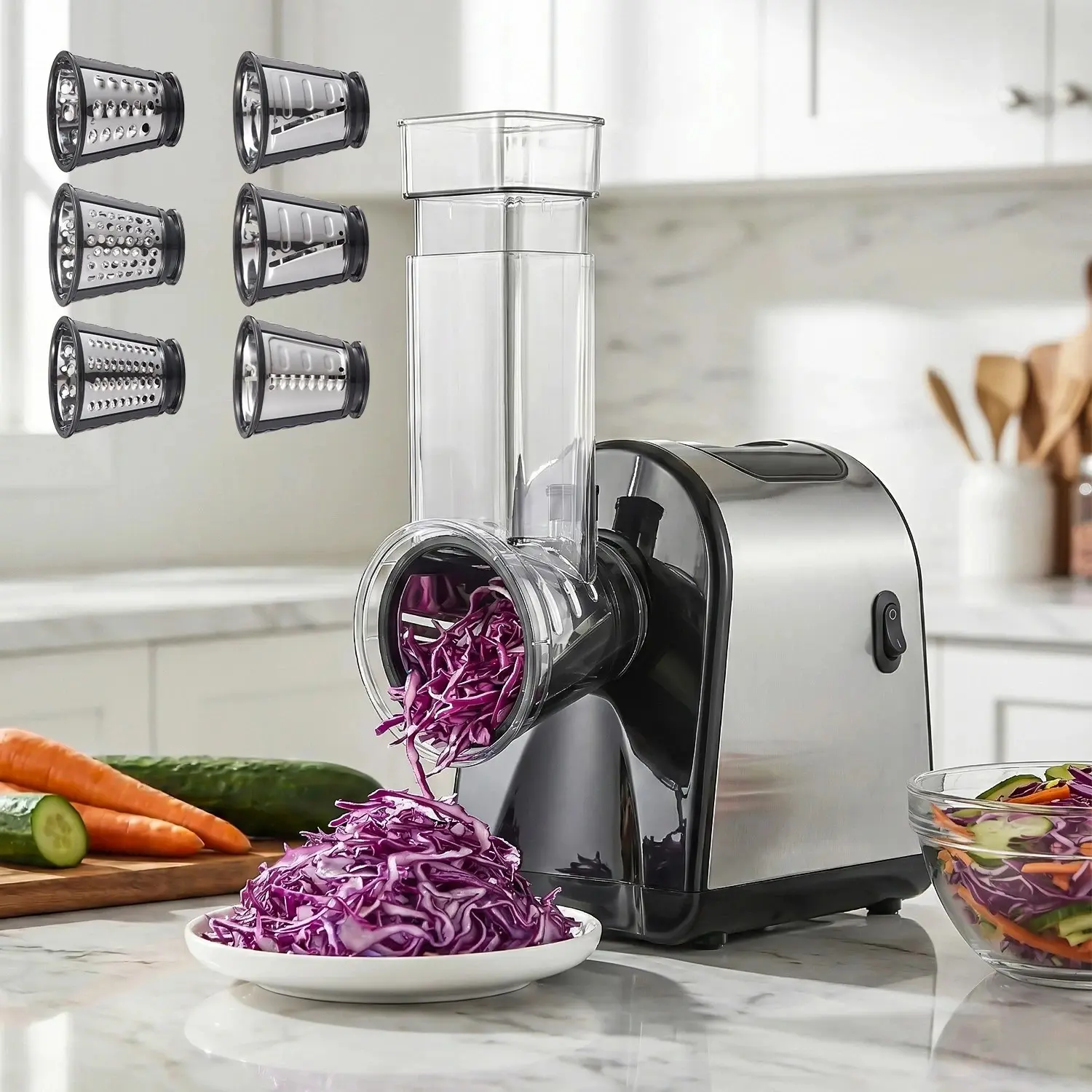 Stainless Steel Multi-Blade Electric Grater with Grain Mill - Compact, Ergonomic, Quick-Swap, Dual-Material Housing Efficient Quick-Meal Prep Tool for Home Chefs