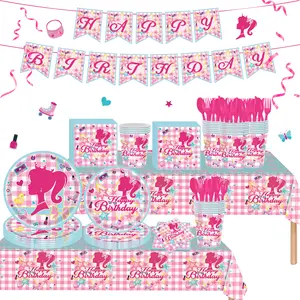 171 Count Disposable Tableware Birthday Party Supplies Pink Girls Paper Plates Napkins Cups Plastic Tablecloths Pink Girls Tableware Set Birthday Party Decorations Serves 24 Guests