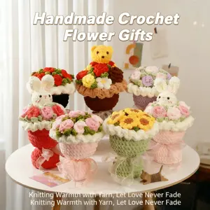 Pink Handmade Crochet Bouquet - Combed Cotton Bouquet-Shaped Artificial Flowers, Cute Cartoon Finished Handheld Home Decor, Mother’s Day Gift for Mom, Pink Handmade Bouquet