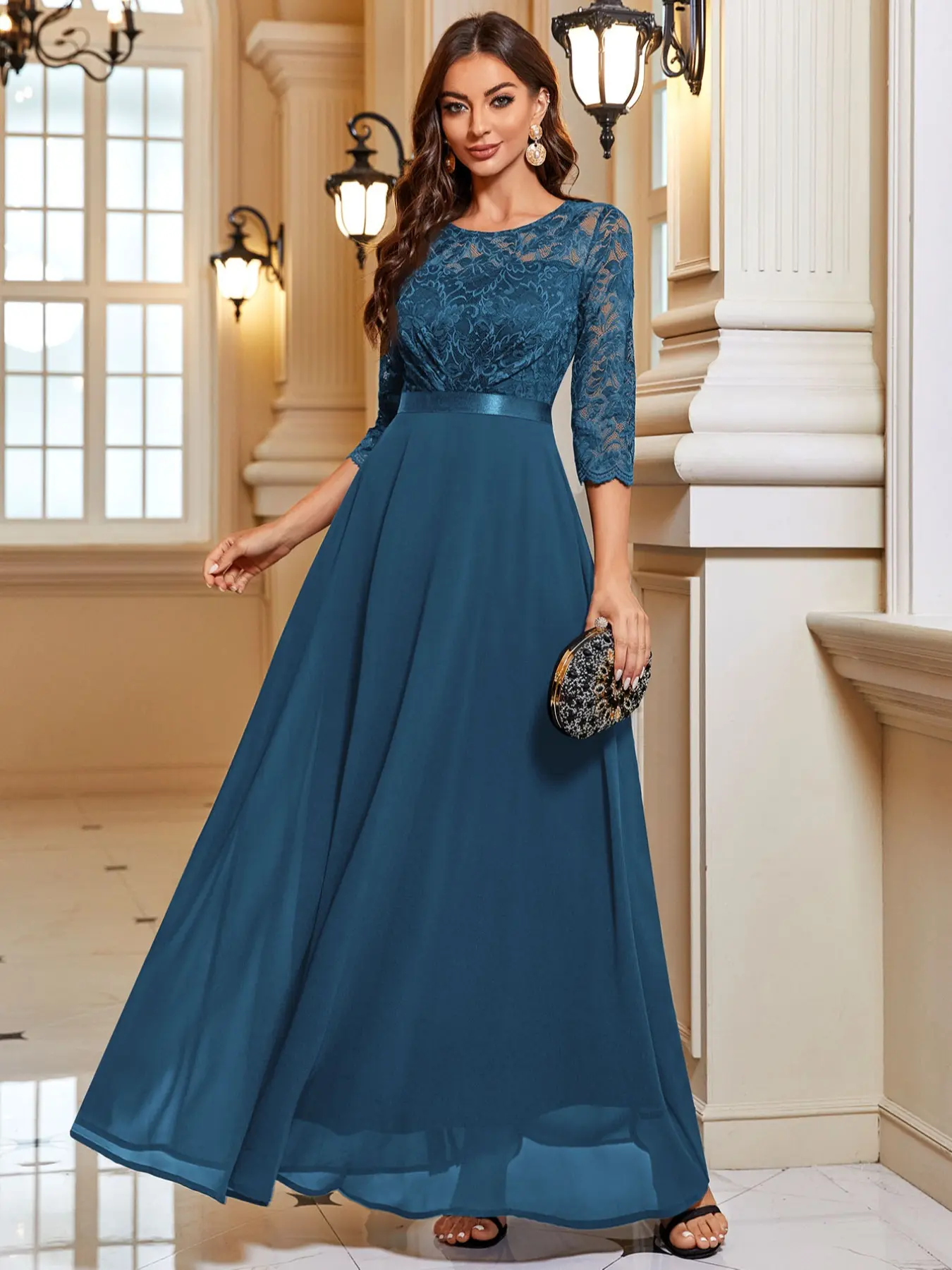 MIUSOL 83047 Elegant Classy Floral Lace Round Neck Chiffon Maxi Formal Women Cocktail Party Dress, Prom Evening Gown, For Wedding Guest, Graduation, Dinner, Random Pattern, Birthday