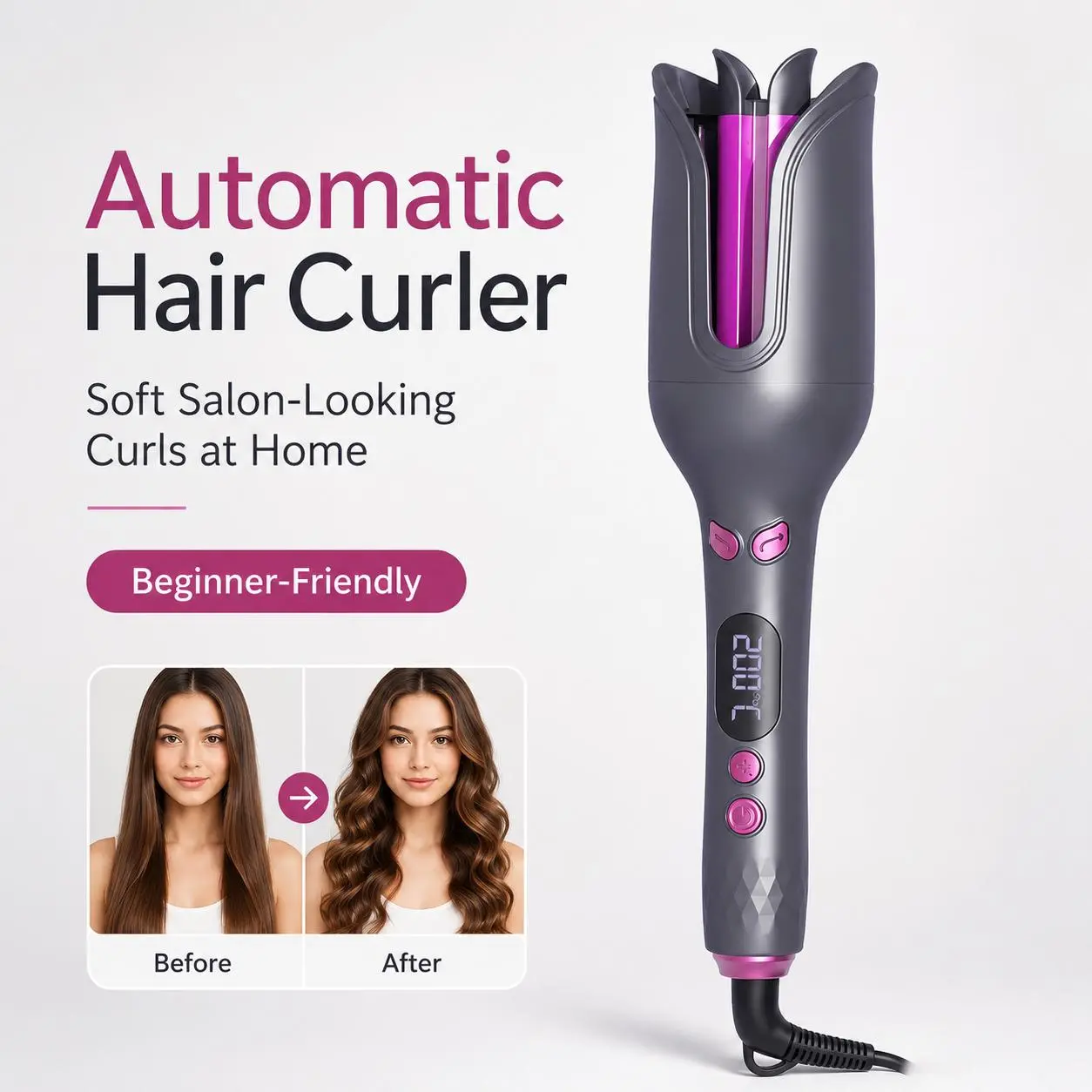 32mm Automatic Curling Iron, Ionic Rotary Curl Wand for Loose Curls, 4 Heat Modes, Electric Hair Curler for Home Styling