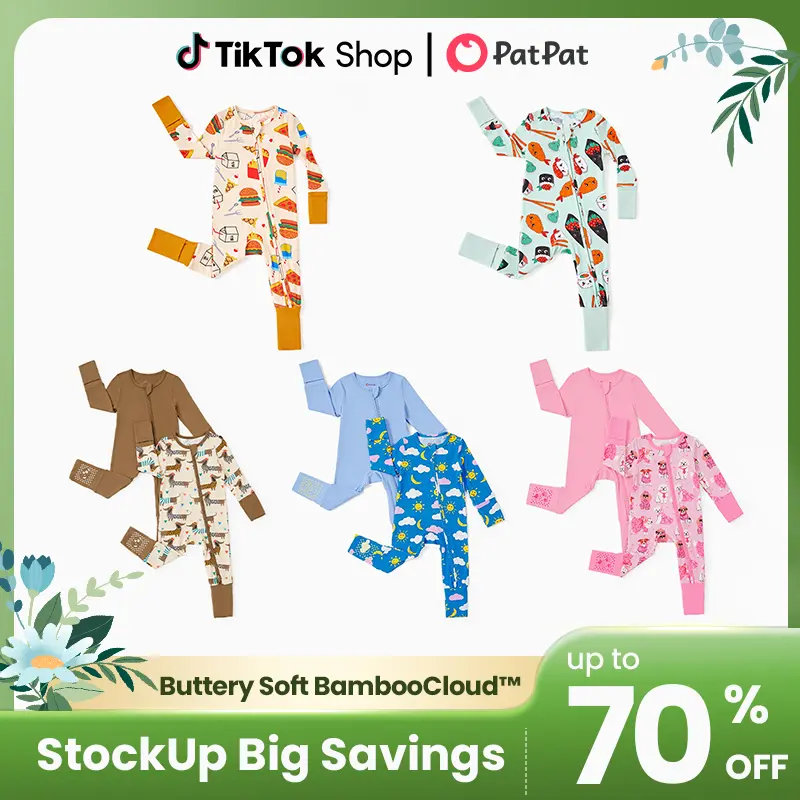 PatPat Bamboo Ultra-Stretchy Baby Zip-Up Pajamas – 3X Extended Growth Fit (0-24M), 8% Spandex for All-Day Comfort | Scratch-Free Sleeves, Adjustable Feet & Non-Slip Soles | Cute Prints
