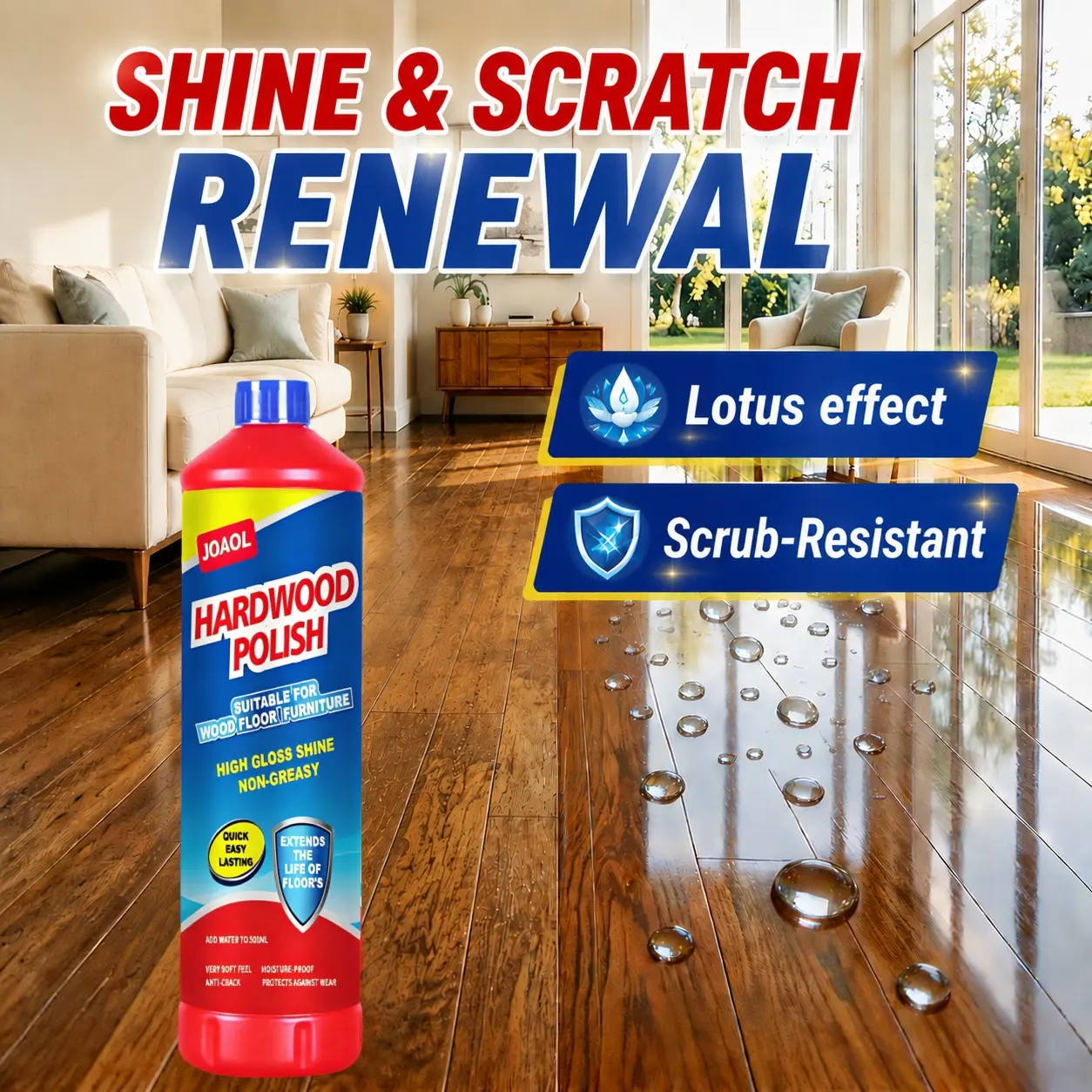 Wood Floor Restorer & Polish 16oz– High-Gloss Finish, Repairs Fine Scratches, Non-Slip, Abrasio and Scrub-Resistant, Moisture-Resistant, Non-Greasy, No Footprints, Easy to Clean,Deep Conditioning, Wax for Hardwood, Laminate Floors & Wood Furniture,  JOAOL