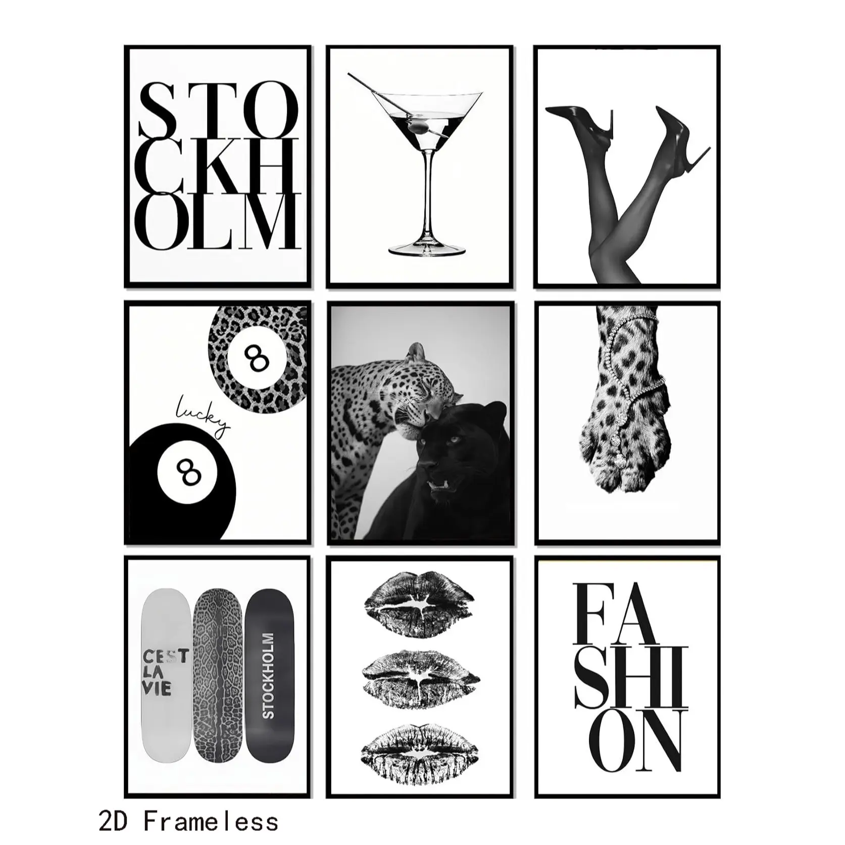 9-piece set, black-and-white wall art posters featuring leopard print, Animal print, the lucky No. 8 ball. Wall decor and posters perfect for girls' bedrooms, dorm rooms, and apartments, Unframed wall art