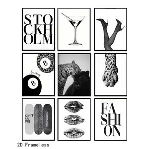 9-piece set, black-and-white artistic wall art posters featuring leopard print, Animal print, Stockholm, cocktails, and the lucky No. 8 ball. Wall decor and vintage-inspired posters perfect for girls' bedrooms, dorm rooms, and apartments. Frameless