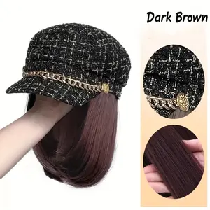 Women's Beret Wig 10-Inch Long Shoulder Hair Retro Octagonal Beret Synthetic Full Wig Daily Use High Temperature Fiber 35cm
