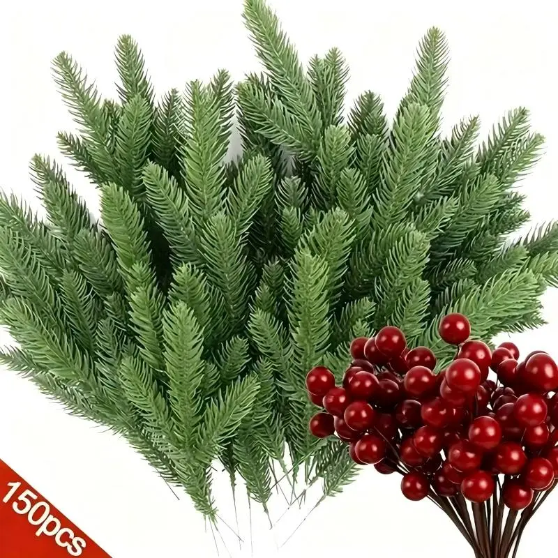Pack of 150 pieces, including 50 artificial Christmas pine branches and 100 mini red berry stems, suitable for DIY crafts, wreaths, home decor, and Christmas tree decorations. It’s a great gift—the best seasonal plastic plant for winter holiday tables.