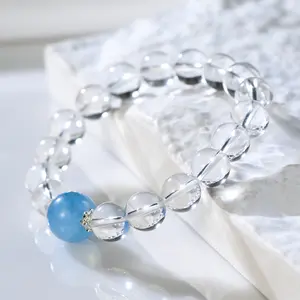 Natural white crystal 10mm round bead single circle bracelet, fashionable and simple, paired with sea blue treasure transfer bead jewelry bracelet