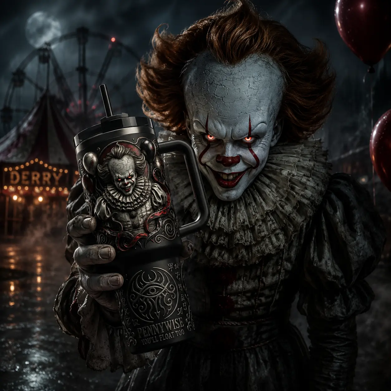 Pennywise IT 40oz Tumbler With Handle, Horror Movie Vacuum Insulated Stainless Steel Travel Mug Collector Gift, Halloween Theme Tumbler