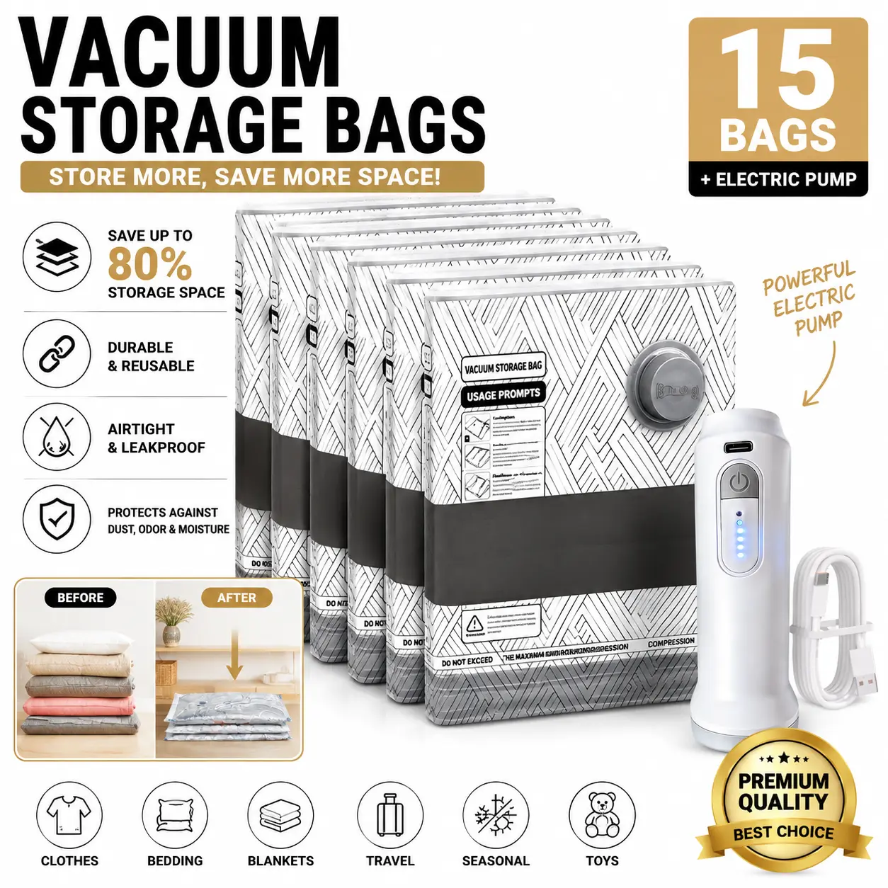 Electric Vacuum Storage Bags with Pump, Space Saver Bags for Clothes, Blankets & Travel, Reusable Compression Storage Bags for Closet Organization