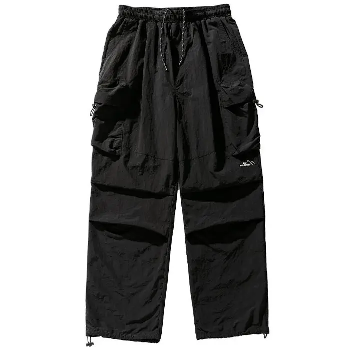 Men's Black Outdoor Utility Cargo Pants, Elastic Drawstring Waist, Adjustable Cuffs, Mountain Logo, Lightweight Casual Pants