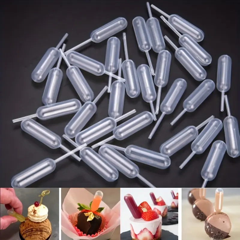 50pcs, Plastic Cupcake Pipettes, 4ml/0.14oz Squeeze Dropper, Liquid Infuser, Transfer Pipettes, For Cupcakes, Cakes, Pudding, And More, Home Baking Supplies, Kitchen Accessories, Baking Tools, Baking Gadget, Pastry Decorating Tools