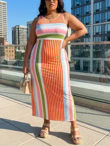 Plus Size Colorblock Striped Long Dress, Sleeveless Summer Bodycon Dress for Curvy Women, Stylish Casual Wear, Casual Dresses