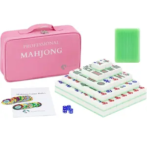 Classic Chinese Mahjong Set with 144 Large Green Tiles (1.58'') with Pink Bag and Accessories, 4 Dice, 80 Poker Chips — for Chinese Style Game