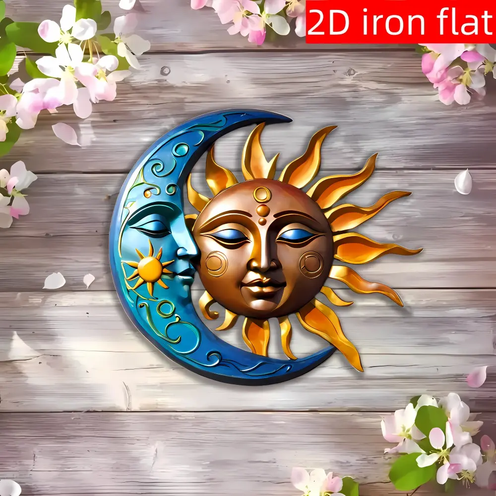 Thick Iron Hand Painted Celestial Sun-Moon Decorative Ornaments - Easy Hook Install, Outdoor Safe Boho wall Garden Sculpture, Ideal for Entryway or Living Room Gift Decoration Hanging Bronze Hangable  unique decor  chic decor  rustic home decor