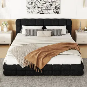 Bellemave Queen Size Upholstered Platform Bed Black Foam-Filled Headboard Solid Pine Wood MDF Frame No Box Spring Needed
