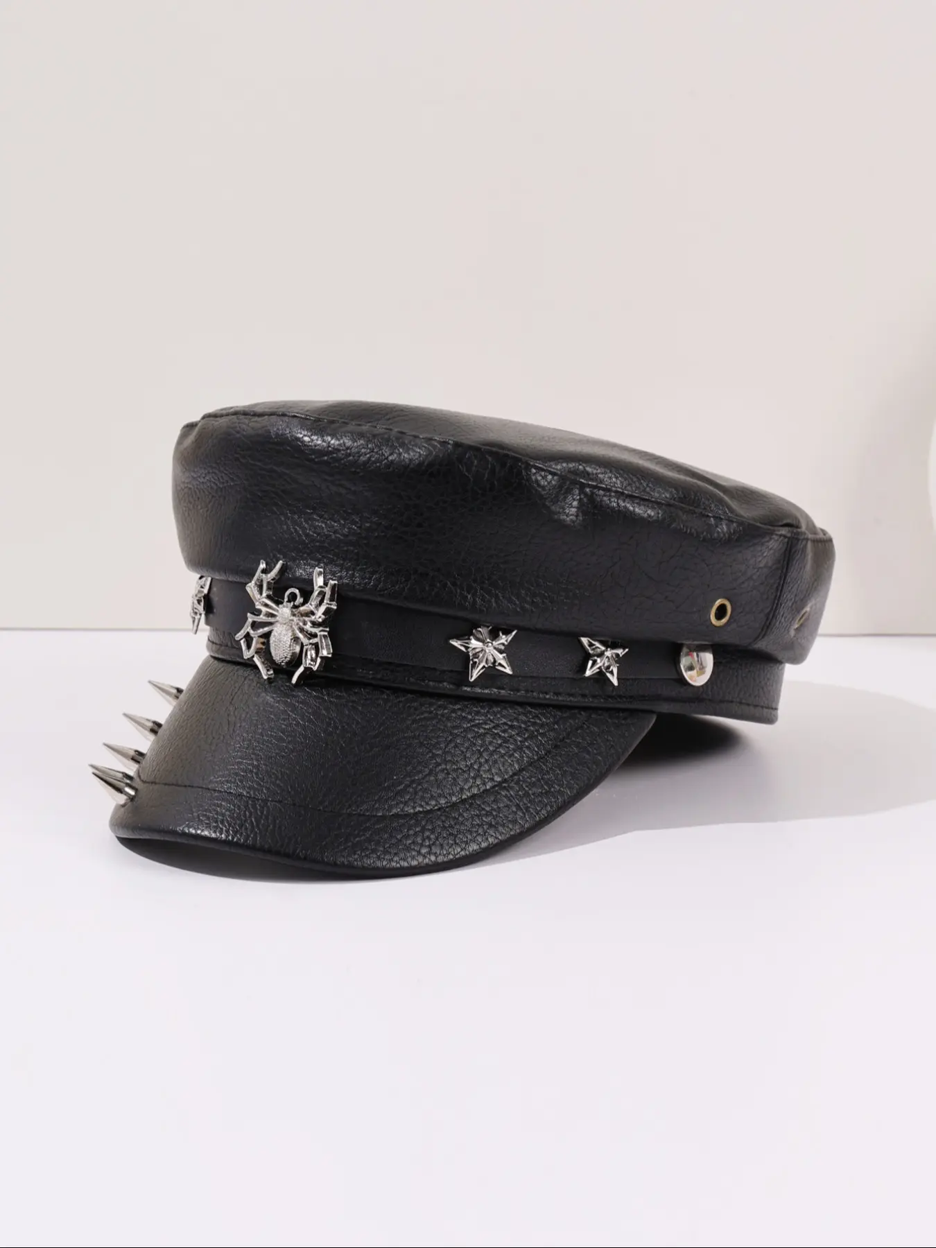 Avant-Garde Punk Leather Newsboy Hat, Spider and Star Metal Decoration, Gothic Street Style Accessory, Daily Wear