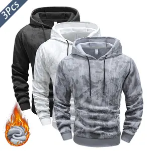 3PCS-Men's Camouflage Hoodie with Kangaroo Pocket, Autumn Winter Drawstring Hooded Jacket, Camo Pullover, Suitable for Outdoor Activities
