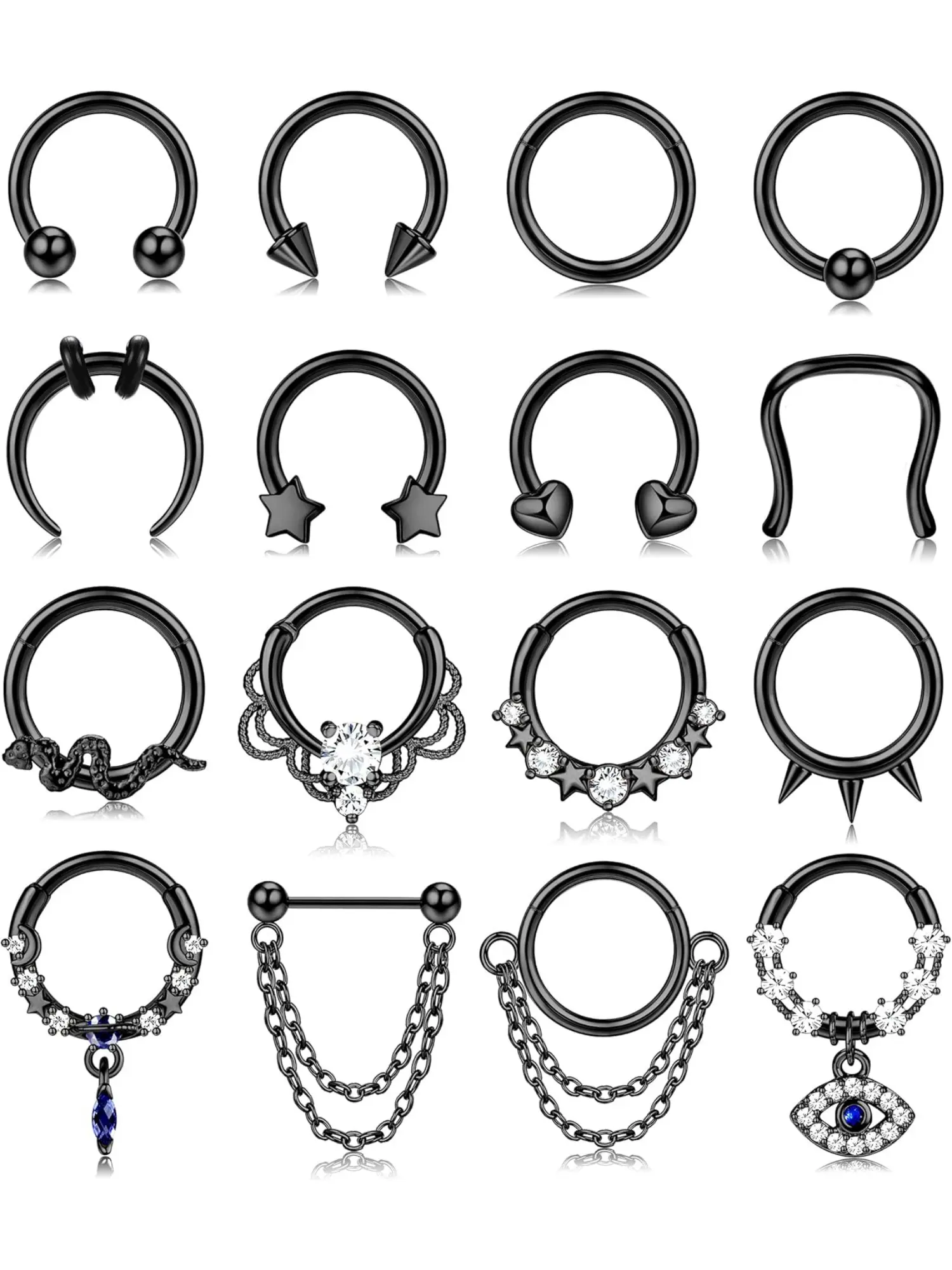 16PCS 16G Septum Rings for Women Men Silver Black Septum Jewelry Horseshoe Clicker Dangle Nose Rings Set Hoops Surgical Steel Helix Cartilage Hoop Earrings Septum Nose Body Piercing Jewelry 8MM Nose Piercing Accessory, Nose Ring Stud