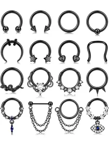 16PCS 16G Septum Rings for Women Men Silver Black Septum Jewelry Horseshoe Clicker Dangle Nose Rings Hoops Surgical Steel Helix Cartilage Hoop Earrings Tragus Daith Septum Nose Piercing Jewelry 8MM Nose Piercing Accessory mom gifts for mothers day