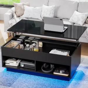 HOMMPA 40" Modern LED Coffee Table with Storage for Living Room, Lift Top Coffee Table with 2 Shelves, High Glossy Wooden Dining Table, Multifunctional Furniture for Bedroom Home Office, Black