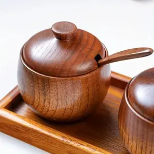 Eco-Friendly Wooden Salt Box with Spoon, Stylish Kitchen Storage Container for Spices, Spice Containers, Kitchen Gadgets, Durable and Natural Material for Home Use, Kitchenware