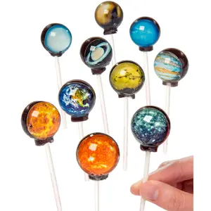 Planet Lollipops - Set of 10 Suckers Featuring 9 Planets Including Pluto, Photo-Realistic Detail, Edible Flat Image, 3D Viewing Port - Candy, Bonbon